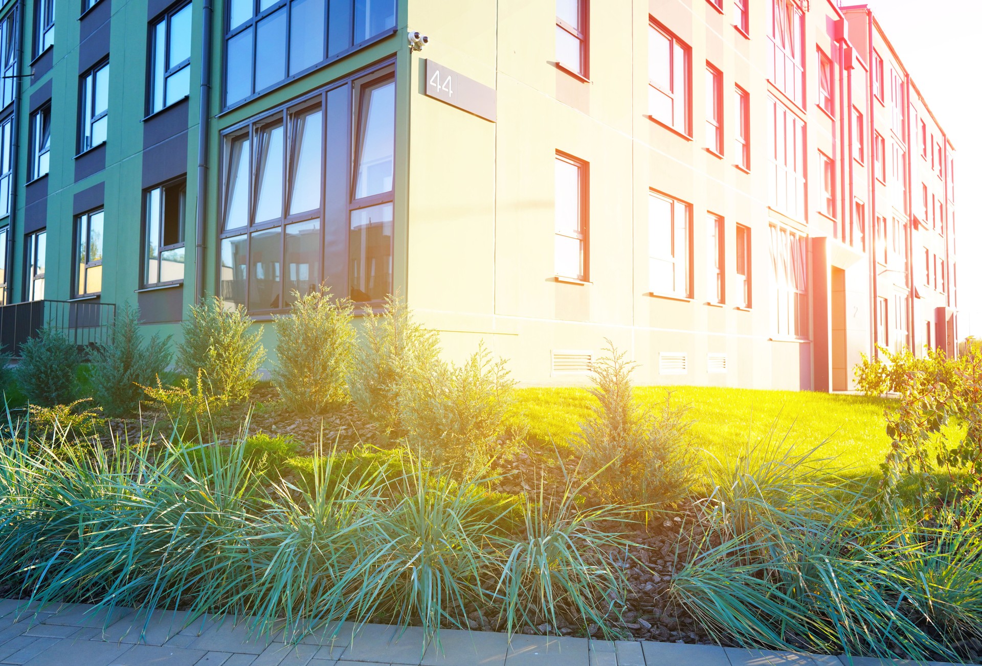 Residential building in green environment. Landscape design.